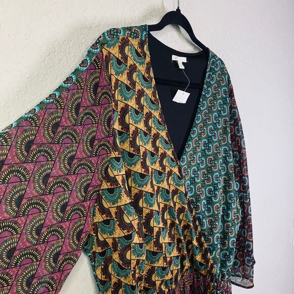 CATO Dress Maxi Faux Wrap Patchwork 3/4 Sleeve Lined Boho V-Neck Belted NWOT - Picture 8 of 13